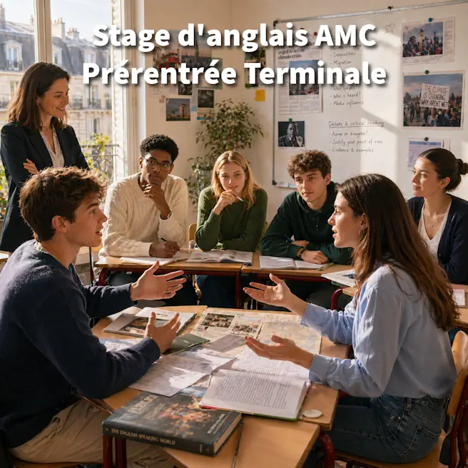 Élèves de Terminale en stage de prérentrée spécialité AMC — Anglais Monde Contemporain à Ipécom Paris, débattant en anglais sur le monde anglophone contemporain.