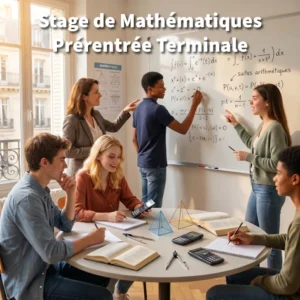 Élèves de Terminale en stage de prérentrée spécialité mathématiques à Ipécom Paris, travaillant en petit groupe avec une enseignante.
