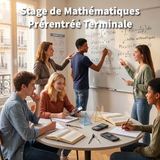 Élèves de Terminale en stage de prérentrée spécialité mathématiques à Ipécom Paris, travaillant en petit groupe avec une enseignante.