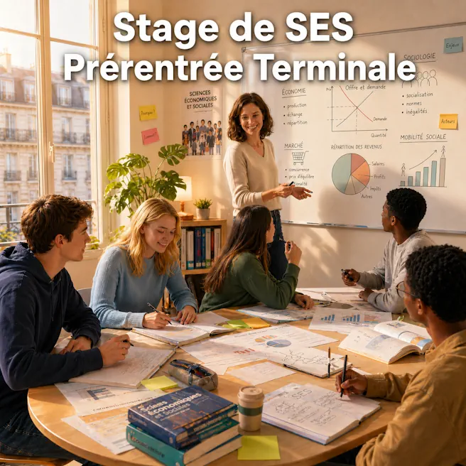 Élèves de Terminale en stage de prérentrée spécialité SES à Ipécom Paris, travaillant en petit groupe avec une enseignante sur des documents économiques et sociologiques.