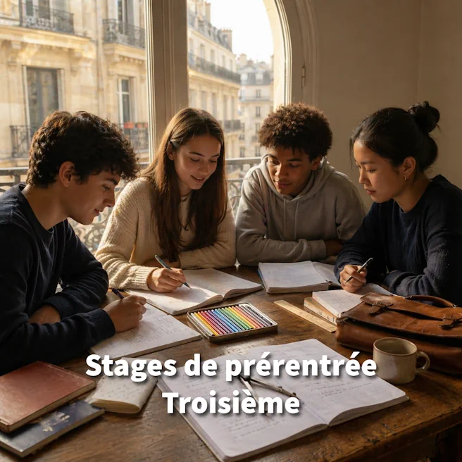 Élèves entrant en Troisième travaillant en petit groupe pendant un stage de prérentrée à Ipécom Paris