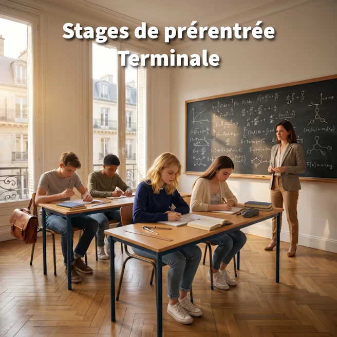 Élèves de Terminale en stage de prérentrée à Ipécom Paris, en petit groupe avec une enseignante dans une salle de classe.
