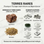 Infographie présentant les terres rares, avec minerais bruts (bastnäsite, monazite) et éléments raffinés (néodyme, dysprosium, praséodyme, lanthane, cérium), illustrant la dépendance de l’Europe.