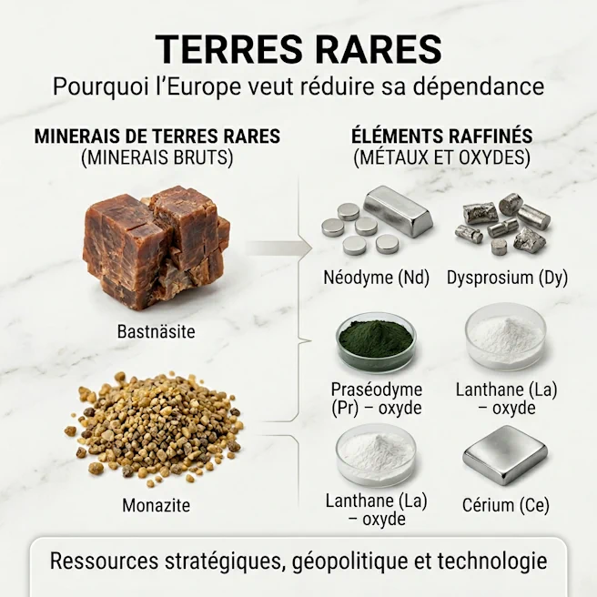 Infographie présentant les terres rares, avec minerais bruts (bastnäsite, monazite) et éléments raffinés (néodyme, dysprosium, praséodyme, lanthane, cérium), illustrant la dépendance de l’Europe.