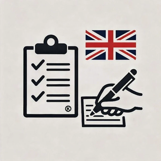 Pictogramme drapeau britannique, questionnaire et stylo pour préparer l’épreuve d’anglais du Brevet.