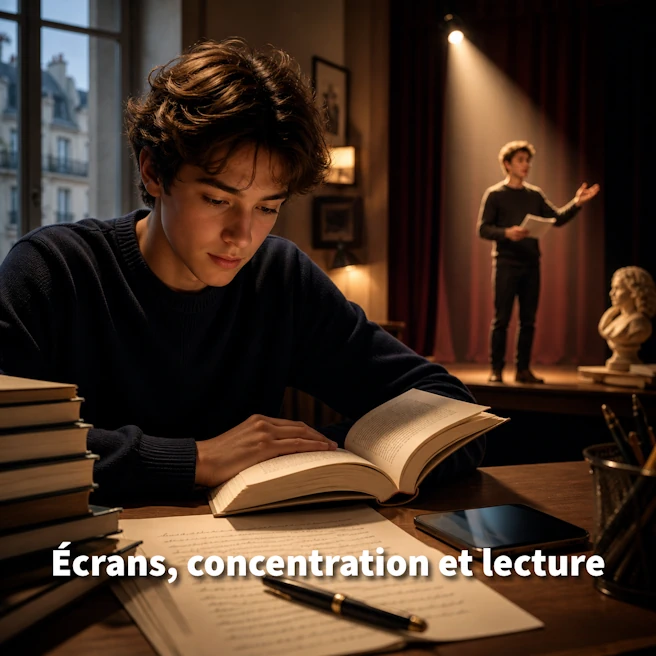 Adolescent lisant un livre, avec une scène de théâtre en arrière-plan, pour illustrer le lien entre lecture, concentration, poésie et expression orale chez les jeunes.