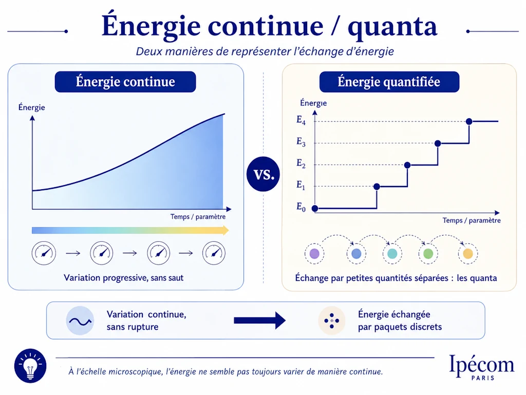 Infographie pédagogique comparant une énergie continue et une énergie quantifiée par quanta.