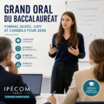 Élève de Terminale présentant le Grand Oral du baccalauréat devant un jury, avec les repères de durée et de préparation de l’épreuve 2026.