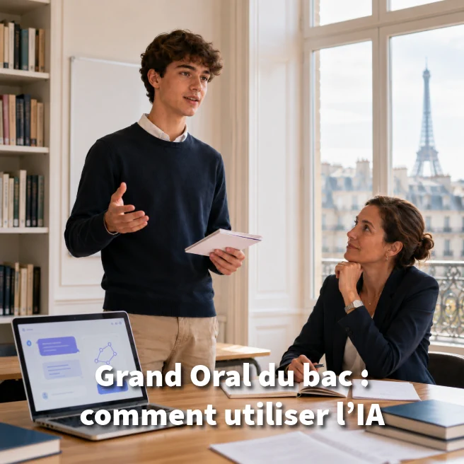 Élève de Terminale s’entraînant au Grand Oral avec une enseignante et un ordinateur évoquant l’usage de l’IA, à Paris.