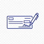 Icône bleue représentant un chèque signé avec un stylo pour le paiement d’une inscription Ipécom Paris.