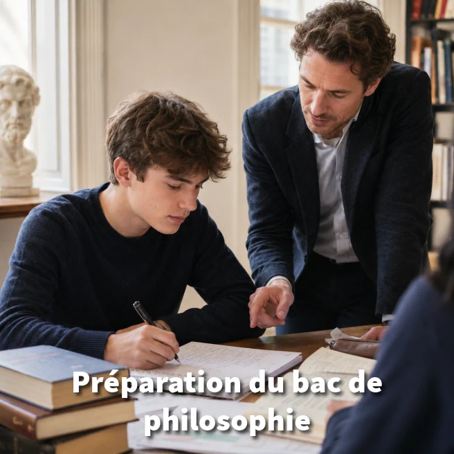 Élève de Terminale accompagné par un professeur pendant une séance de préparation au bac de philosophie.