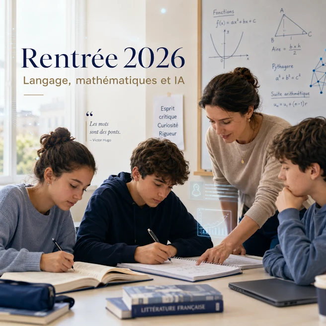 Élèves de collège et de lycée travaillant avec une enseignante sur le langage, les mathématiques et l’intelligence artificielle pour la rentrée 2026.