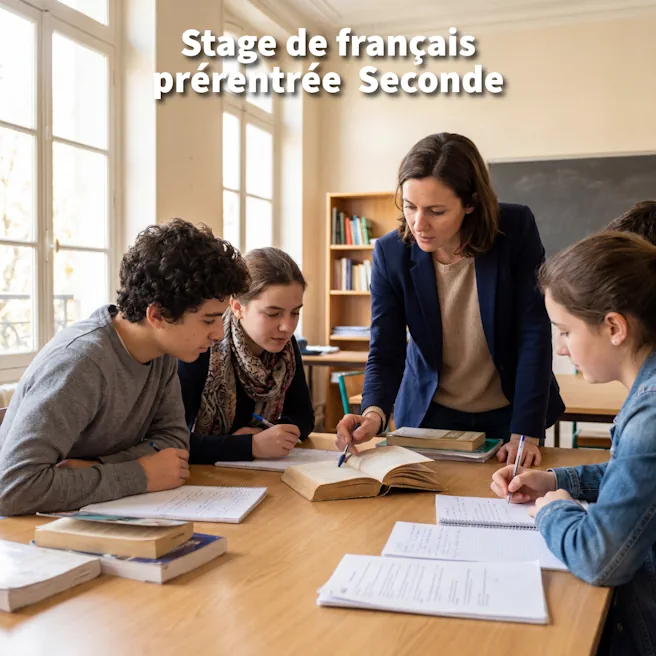 Image de couverture du stage prérentrée de français pour élèves de Seconde à Ipécom Paris, avec une professeure accompagnant un petit groupe autour d’un travail de lecture, d’analyse et de rédaction.