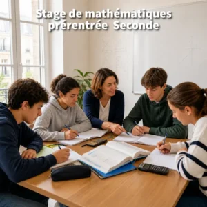 Image de couverture du stage de prérentrée de mathématiques pour élèves de Seconde à Ipécom Paris, avec une professeure accompagnant un petit groupe autour d’exercices, de cahiers et de calculatrices.