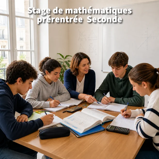 Image de couverture du stage de prérentrée de mathématiques pour élèves de Seconde à Ipécom Paris, avec une professeure accompagnant un petit groupe autour d’exercices, de cahiers et de calculatrices.