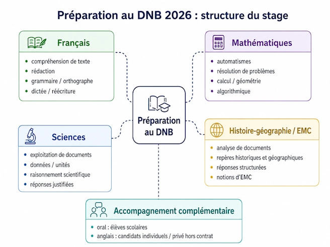 Schéma du stage de préparation au DNB 2026 à Ipécom Paris : français, mathématiques, histoire-géographie EMC, sciences et accompagnement complémentaire.