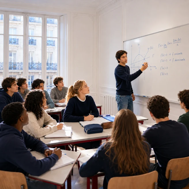 Élèves de Première générale à Ipécom Paris pendant un cours de mathématiques sur les dérivées, avec un élève au tableau et une classe attentive.