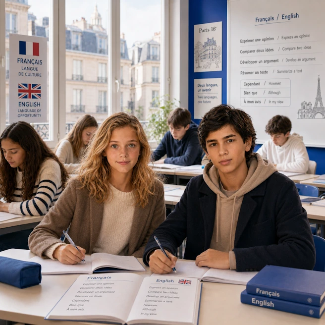 Deux collégiens au premier plan dans une salle de classe bilingue français-anglais à Ipécom Paris, avec supports de cours en français et en anglais.
