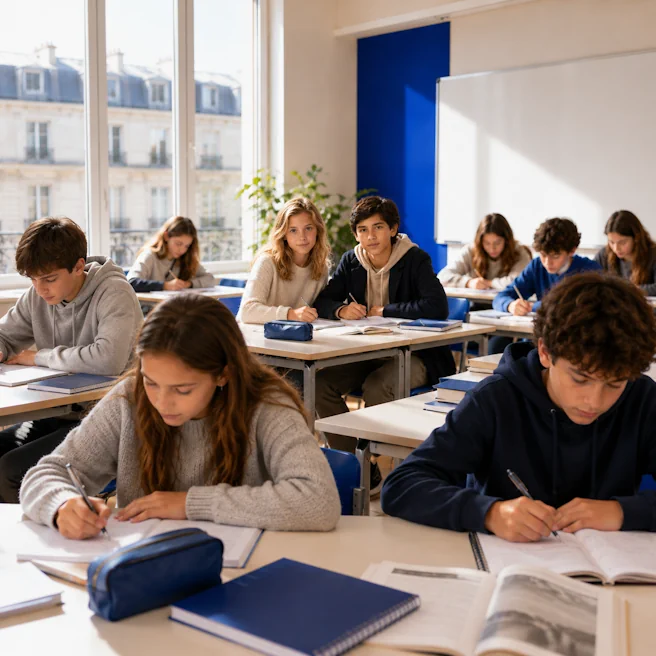 Salle de classe du collège privé Ipécom Paris avec des collégiens travaillant en petits effectifs.