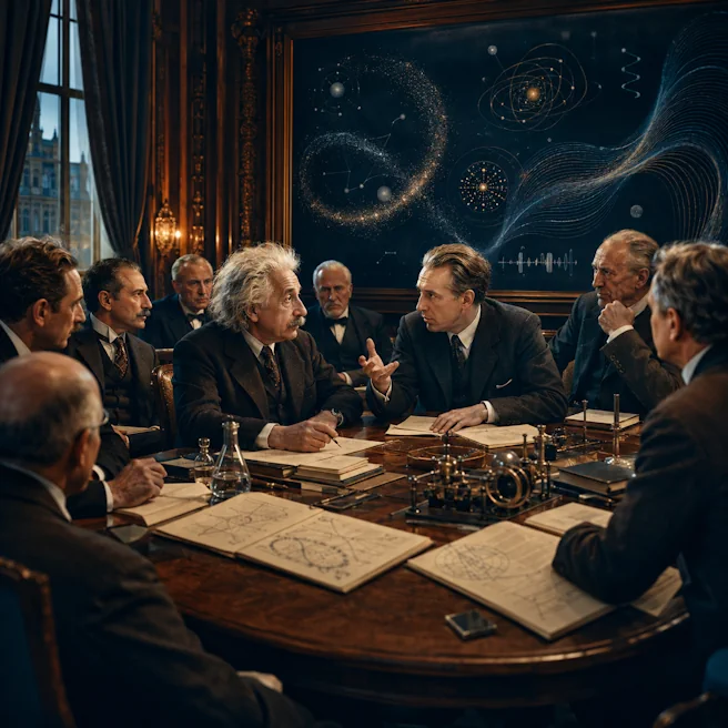 Illustration inspirée du congrès Solvay de 1927, avec Einstein et d’autres physiciens réunis autour du débat sur la mécanique quantique.