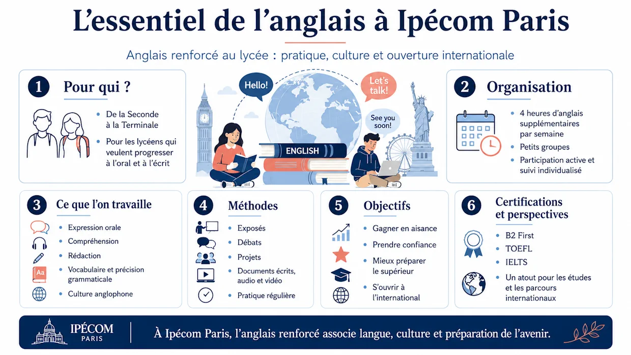 Infographic summarising English at Ipécom Paris: enhanced English in high school, small groups, speaking, writing, English-speaking culture, certifications and international outlook.