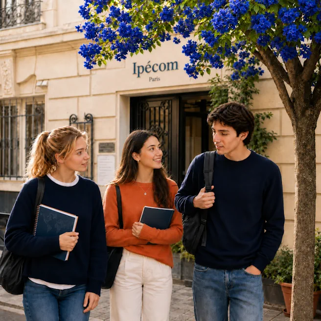 Trois lycéens devant l’entrée d’Ipécom Paris, près d’un arbre aux fleurs bleues, illustrant l’accompagnement individualisé dans un petit lycée parisien.