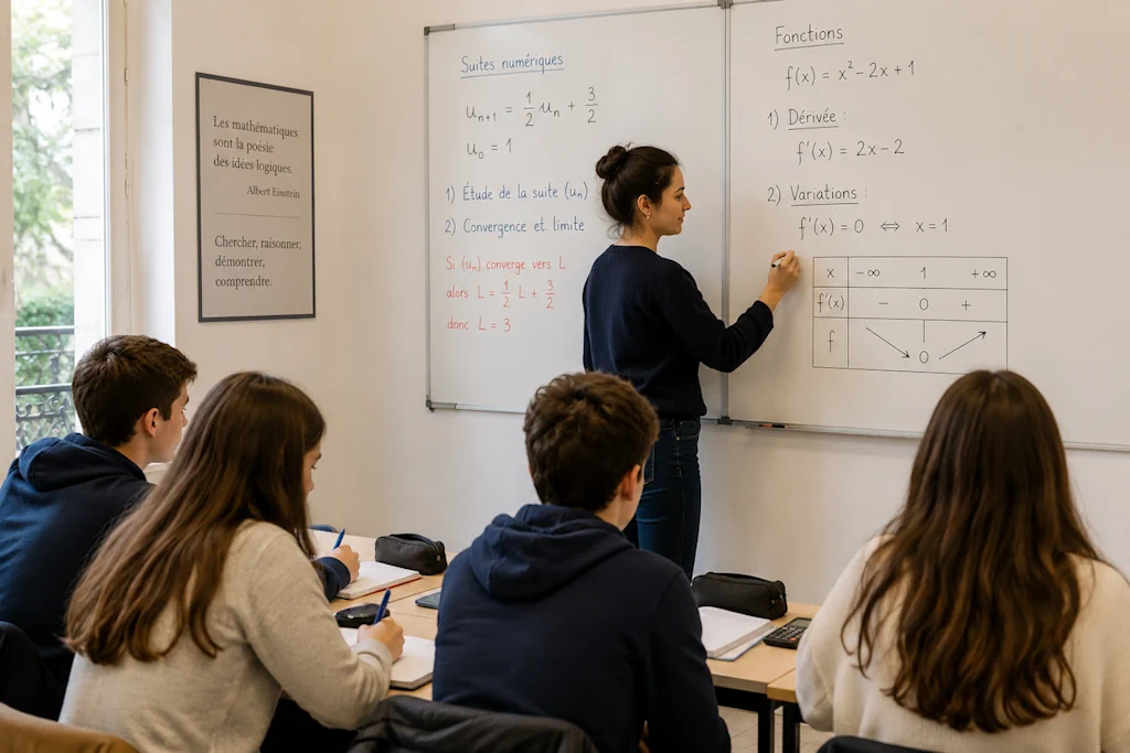 Cours de mathématiques renforcées à Ipécom Paris, avec une enseignante au tableau expliquant les fonctions et les suites devant un petit groupe de lycéens.