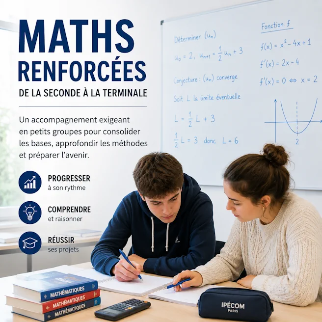 Deux lycéens travaillent ensemble en mathématiques renforcées à Ipécom Paris, avec des exercices de fonctions et de suites au tableau.