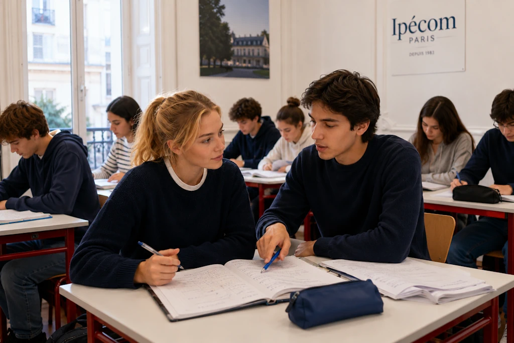 Lycéens travaillant en petit groupe dans une salle de classe à Ipécom Paris