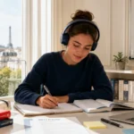Étudiante en préparation IELTS à Paris chez Ipécom, travaillant l’anglais à son bureau avec vue sur Paris