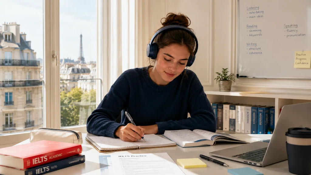 Étudiante en préparation IELTS à Paris chez Ipécom, travaillant l’anglais à son bureau avec vue sur Paris