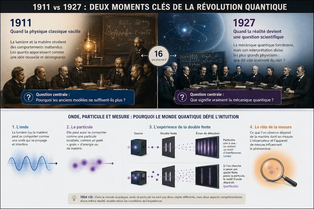 Infographie comparant les congrès Solvay de 1911 et de 1927, avec un rappel sur onde, particule et rôle de la mesure en mécanique quantique.