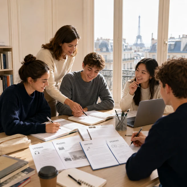 Élèves en petit groupe préparant le test IELTS à Paris avec un professeur chez Ipécom.