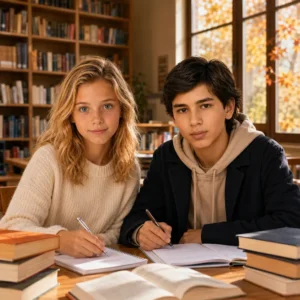 Deux élèves de 4e travaillent dans une bibliothèque pendant un stage de révision de la Toussaint à Paris.