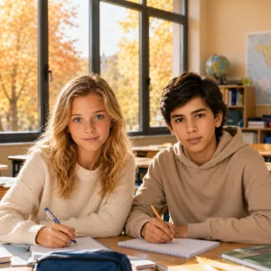 Deux élèves de 6e en classe pendant un stage de révision de la Toussaint à Paris.