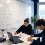 Étudiants de prépa ECG travaillant les mathématiques dans une salle de classe à Ipécom Paris, avec formules, matrices et graphiques au tableau.