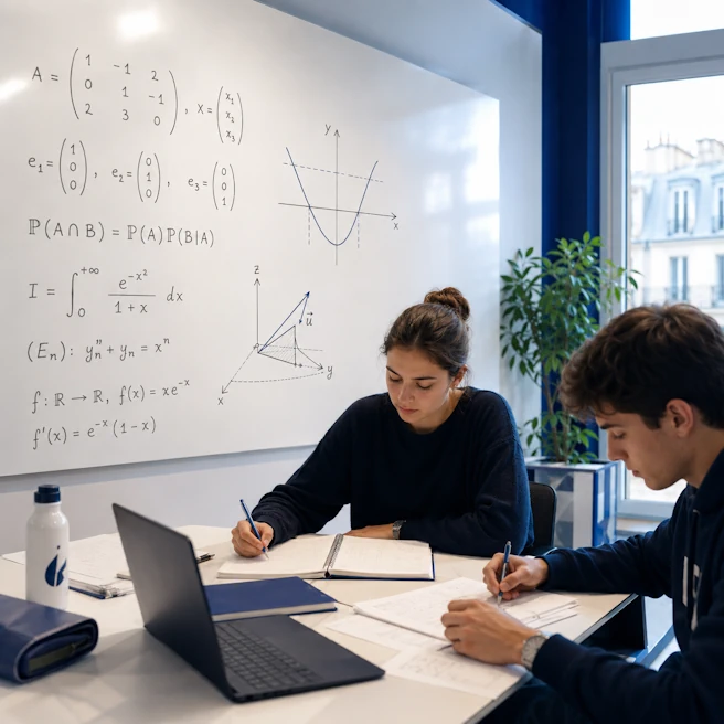 Étudiants de prépa ECG travaillant les mathématiques dans une salle de classe à Ipécom Paris, avec formules, matrices et graphiques au tableau.