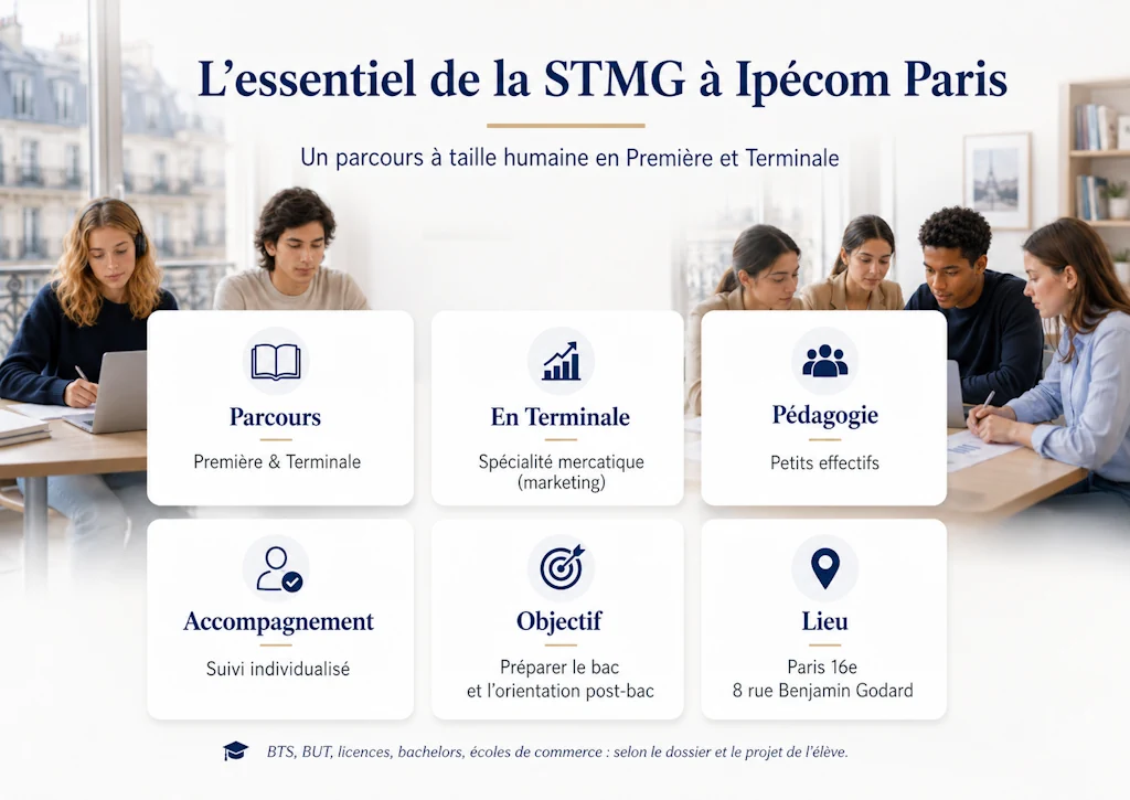 Infographie résumant la STMG à Ipécom Paris : Première et Terminale, spécialité mercatique, petits effectifs, suivi individualisé, préparation du bac et orientation post-bac.