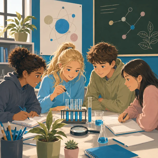 Illustration d’élèves du collège Ipécom Paris réalisant une expérience scientifique en petit groupe