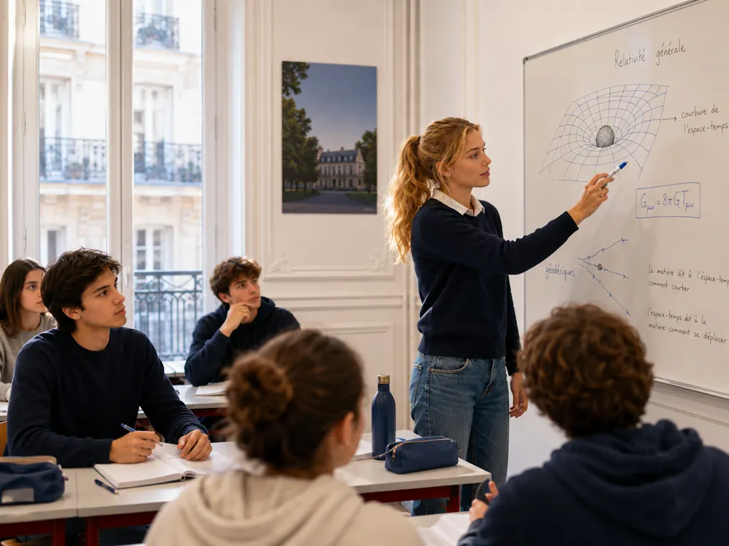 Élèves de Terminale en cours de physique à Ipécom Paris, avec une élève au tableau expliquant la relativité générale devant la classe.