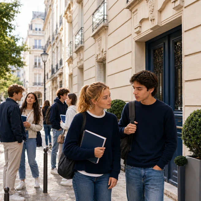 Élèves de Terminale devant l’entrée d’Ipécom Paris, dans le 16e arrondissement, avec deux lycéens au premier plan et un groupe d’élèves en arrière-plan.