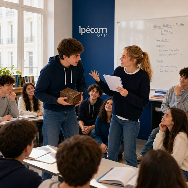 Deux lycéens interprètent une scène de L’Avare de Molière pendant un atelier théâtre à Ipécom Paris, entourés d’autres élèves en salle de classe.