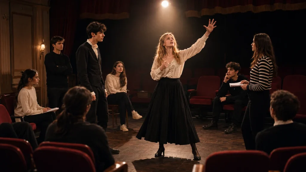 Élèves de Seconde à Ipécom Paris pendant un atelier théâtre, avec une élève interprétant une scène devant le groupe.