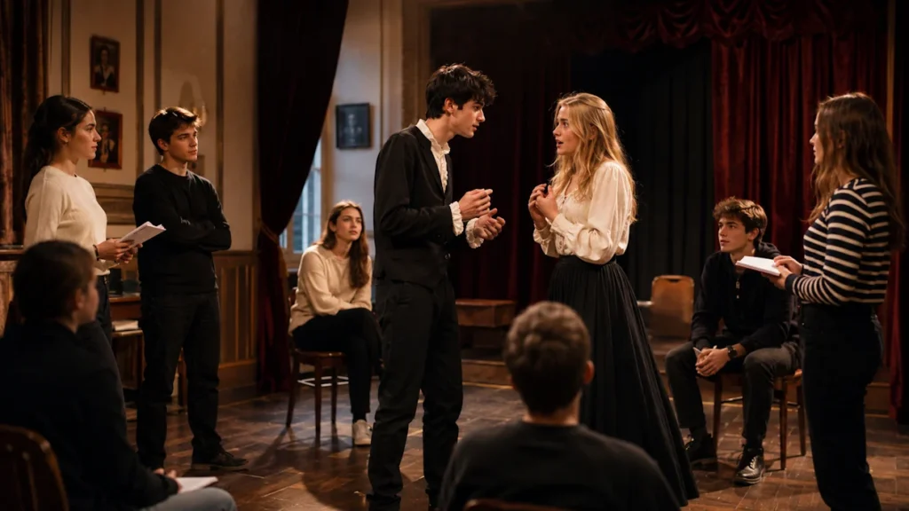Élèves de Seconde à Ipécom Paris en répétition de théâtre, avec deux élèves interprétant une scène devant leurs camarades.