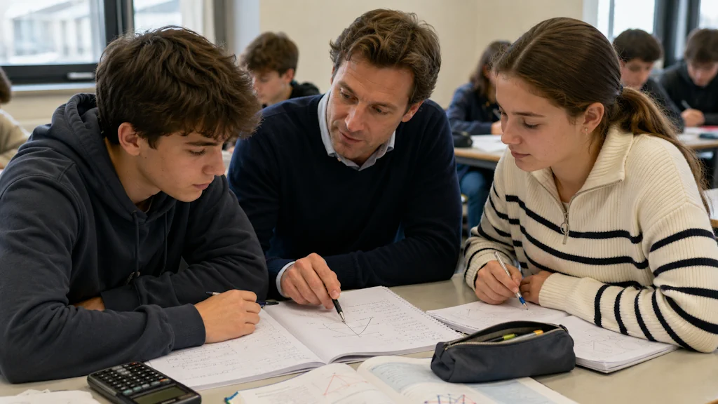 Illustration d’un enseignant expliquant un exercice de mathématiques à deux élèves de Seconde.