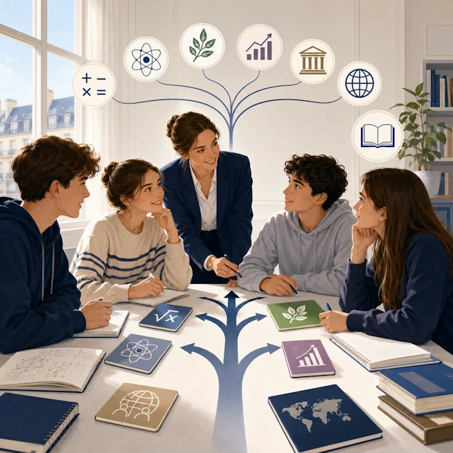 Élèves de Seconde accompagnés par une enseignante pour choisir leurs spécialités au lycée Ipécom Paris.