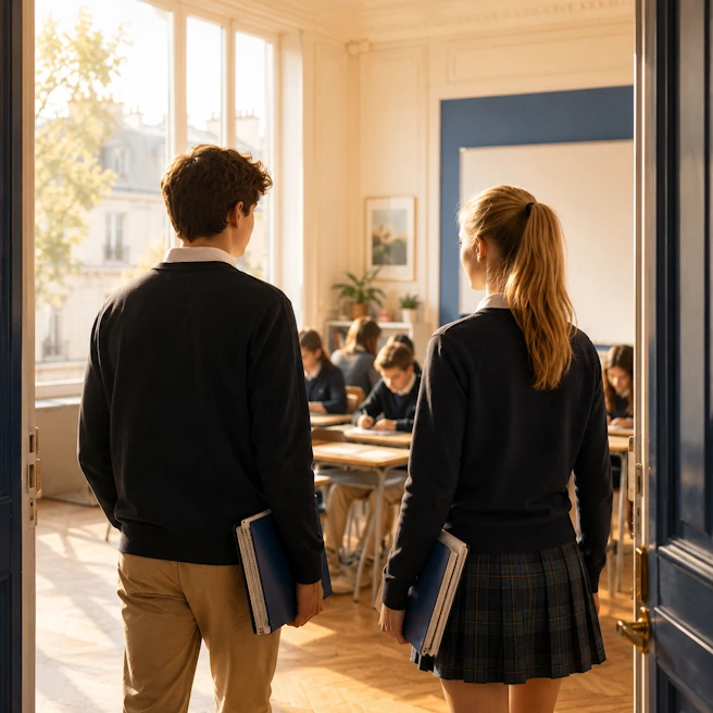 Deux collégiens de 4e-3e entrent dans une salle de classe lumineuse à Ipécom Paris pour préparer la fin du collège