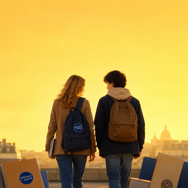 Deux collégiens vus de dos avec leurs sacs et cahiers, face à un ciel doré parisien, pour illustrer le collège HPI Ipécom à Paris.