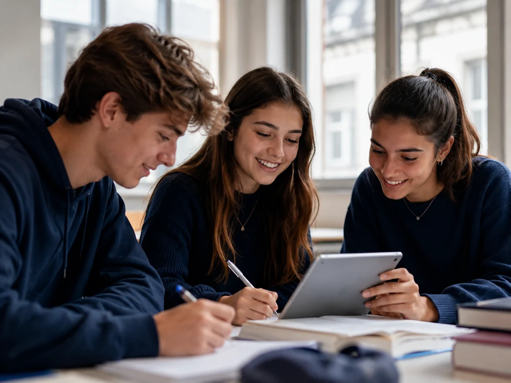 Trois élèves de lycée travaillent ensemble sur une tablette pour réfléchir à leurs choix de spécialités.