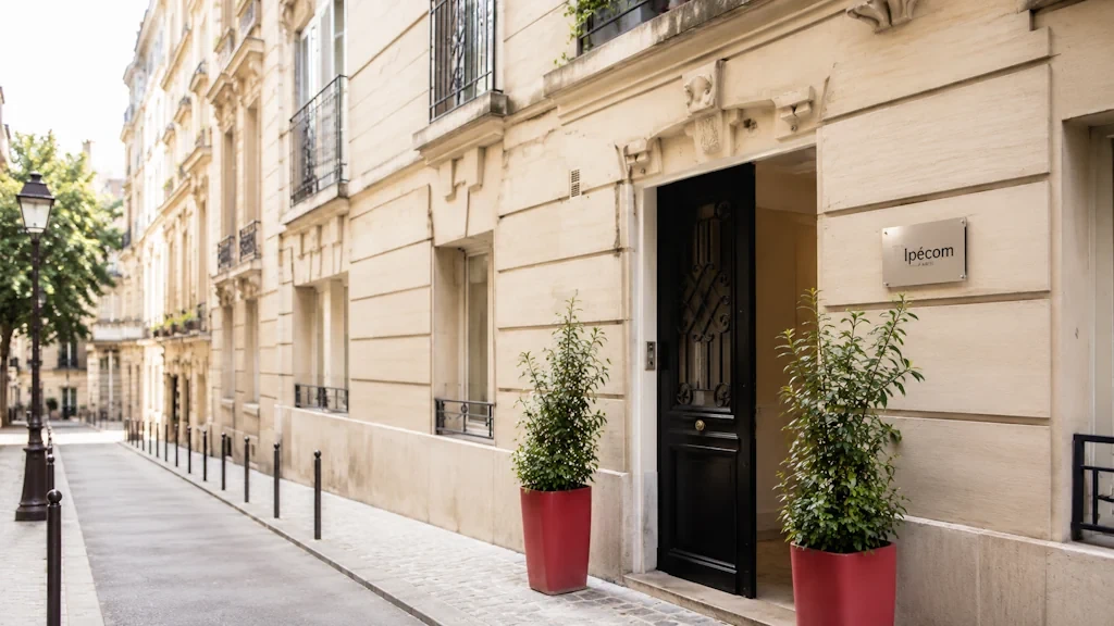 Façade parisienne en pierre, porte noire et jardinières rouges, reconstituée pour illustrer l’entrée d’Ipécom Paris.